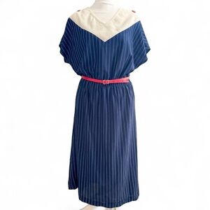 Blue and White Striped Dress with Red Belt